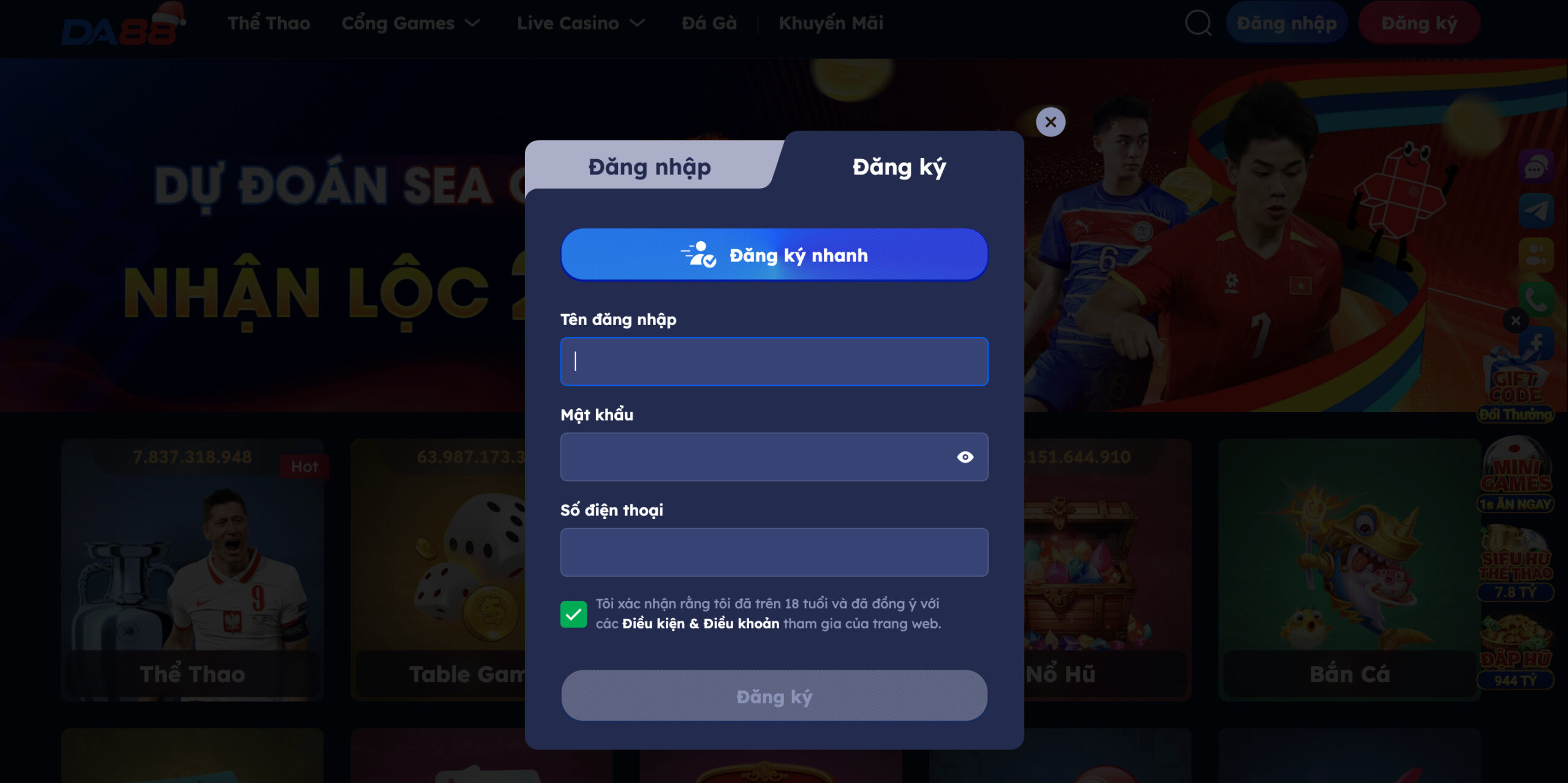 Đăng ký tài khoản tại Da88 mang giao diện đơn giản