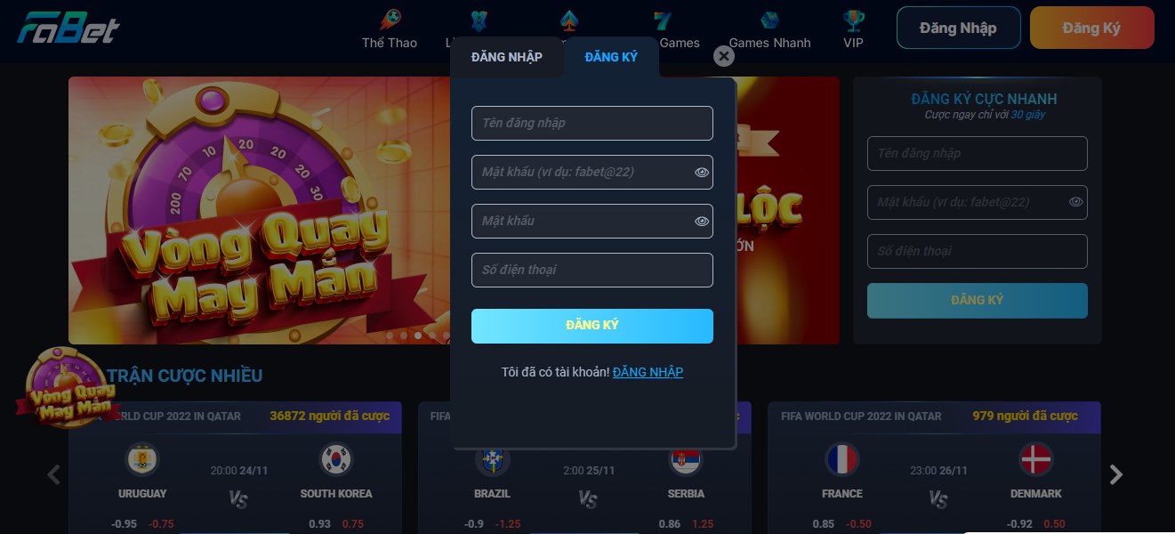 Đăng ký tham gia cá cược tại Fabet nhanh chóng 